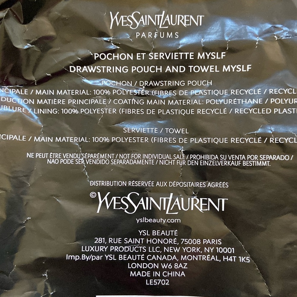 YSL Parfums drawstring pouch and towel myself
